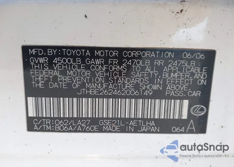 2006 Lexus Is 350 из США, поврежденный, VIN JTHBE262462006149